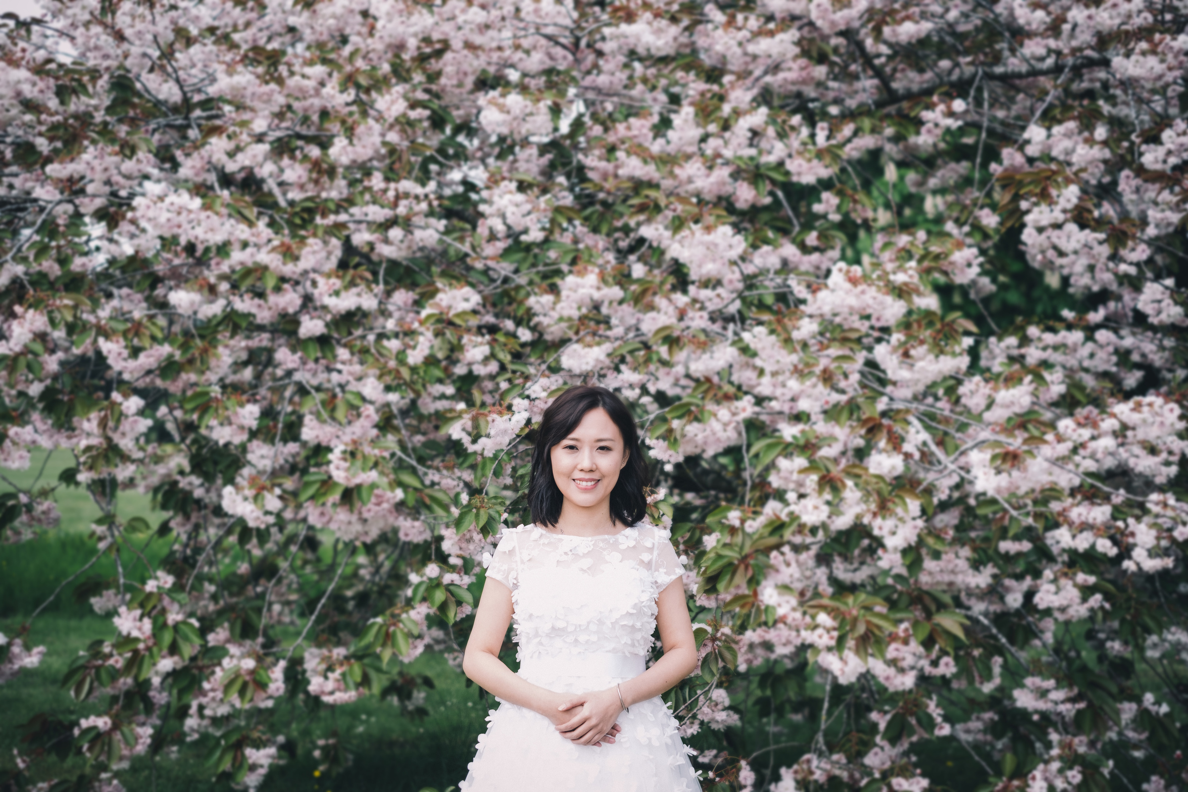 Smiling elegant Asian bride against blooming tree