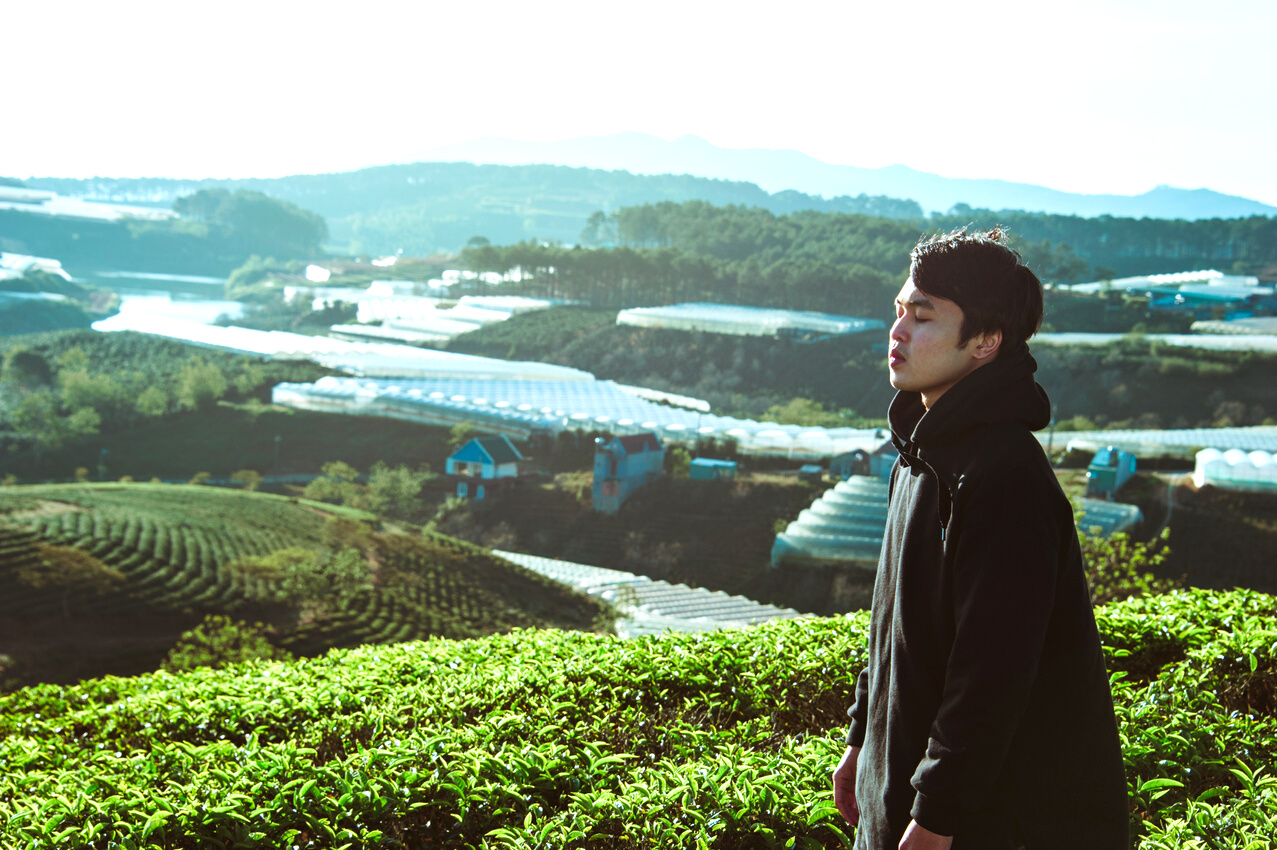 Man in Black Pullover Hoodie Standing Near Green Leaf Field